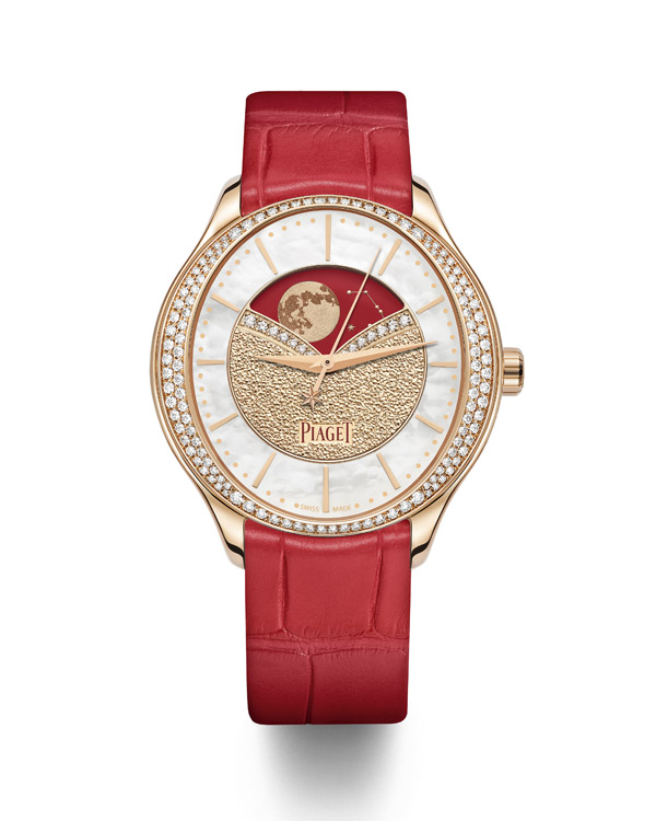 PIAGET Limelight Stella系列月相顯示18K玫瑰金鑲鑽自動上鍊腕錶。