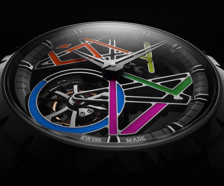 羅杰杜彼Excalibur Gully Monotourbillon鈦合金單陀飛輪腕錶，型號DBEX0931／直徑42mm深灰色DLC鈦合金錶殼／時間指示、飛行陀飛輪／RD512SQ手動上鍊機芯，動力儲存72小時／藍寶石水晶鏡面、透明底蓋／防水100米／日內瓦印記